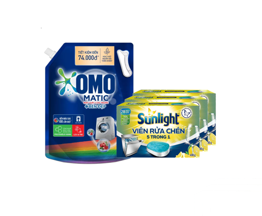 Picture of Combo nước giặt OMO Matic  Cửa Trước Túi 3.6kg và 3 hộp Viên Rửa Chén Bát Sunlight (28V/Hộp)
