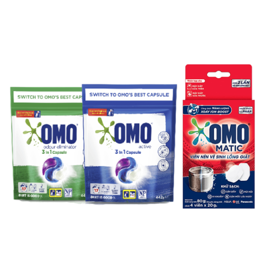 Ảnh của Combo 2 Túi Viên Giặt Tiện Lợi OMO Công Nghệ Anh Quốc + Hộp 4 Viên Nén Vệ Sinh Lồng Giặt OMO Matic