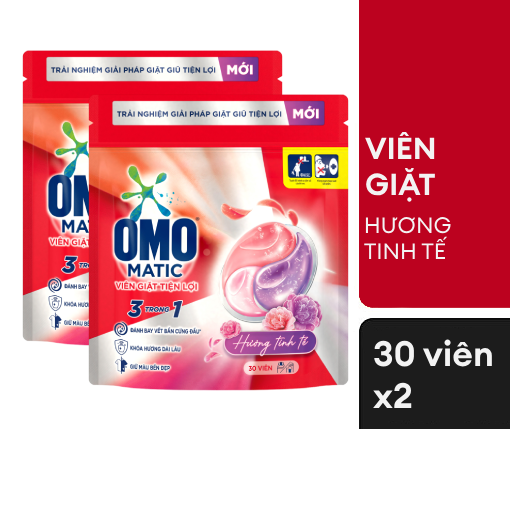 Ảnh của Combo 2 túi Viên giặt tiện lợi OMO 3 trong 1 Hương Tinh tế (30 viên/túi)