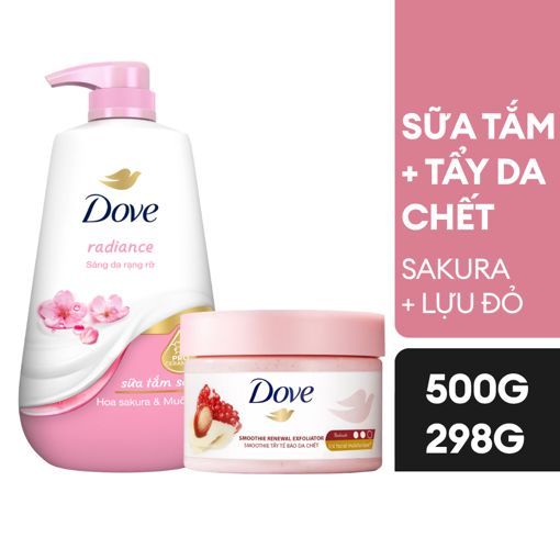 Ảnh của Combo Sữa tắm Serum Dove Pro-Ceramide Radiance Sáng da rạng rỡ 500g + Tẩy da chết Dove Dưỡng ẩm toàn thân hương Lựu đỏ 298g