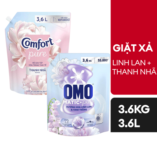 Ảnh của [Combo Giặt Xả] Nước giặt OMO Cửa trước hương Hoa Linh Lan & Vani Trắng 3.6kg + Nước xả vải Comfort Hoa Trắng Thanh Nhã 3.6l