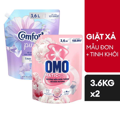 Ảnh của [Combo Giặt Xả] Nước giặt OMO Cửa Trên hương Mẫu Đơn Trắng và Đàn Hương 3.6kg + Nước xả vải Comfort Hoa Trắng Tinh Khôi 3.6l