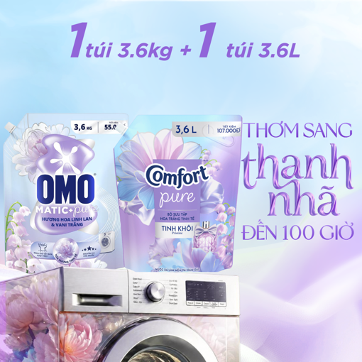 Ảnh của [Combo Giặt Xả] Nước giặt OMO Cửa trước hương Hoa Linh Lan & Vani Trắng 3.6kg + Nước xả vải Comfort Hoa Trắng Tinh Khôi 3.6l